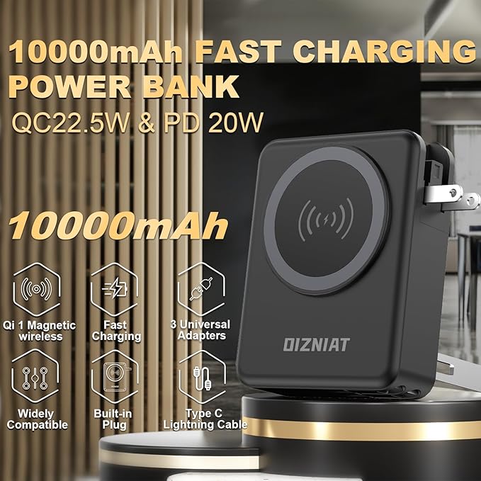 10000mAh Portable Charger Power Bank for magsafe, 22.5W Fast Charging Wall Plug Power Bank for iPhone Andriod Sumsung 5 in 1 Travel Wireless Charger Built in USB C Lightning Cables-B