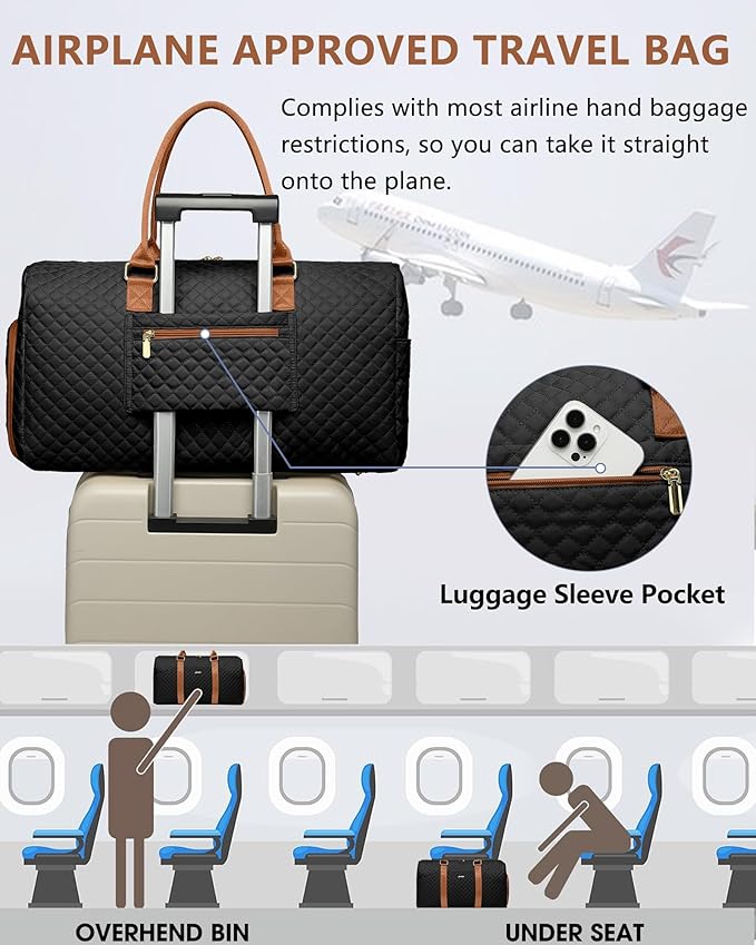 Women Duffle Weekender Travel Bag: Large Duffel Bags with Shoe Compartment Carry On Overnight Tote with Wet Pocket Traveling Weekend Gym Yoga Hospital Bag for Womens Black Brown