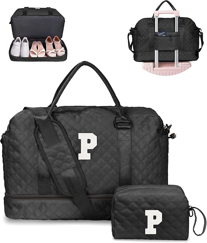 Gifts for Grandma-Initial Duffle Bag with Shoe Compartment, Personalized Weekender Bag, Monogram Overnight Bag, Letter Travel Bag with Makeup Bag，Daughter Friend Gifts (Letter P), Black