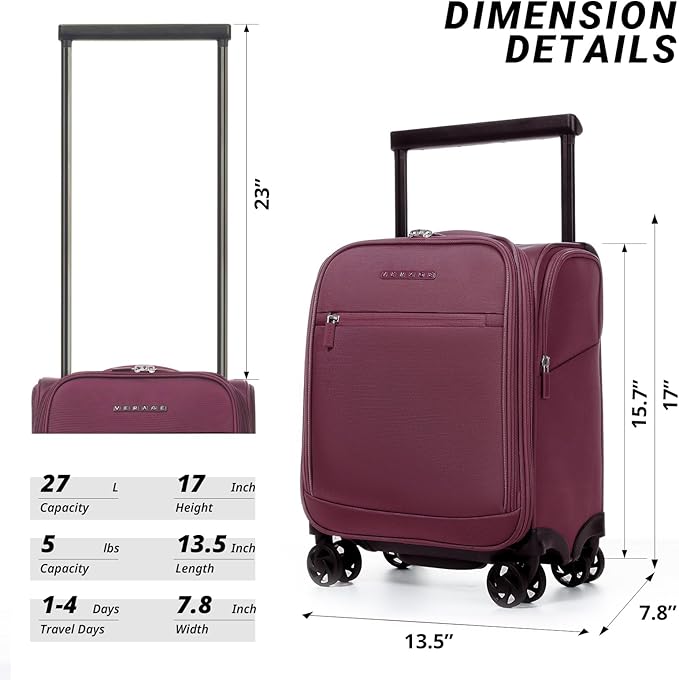 Verage Underseat Carry On Luggage with Spinner Wheels 15 inch Overnight Suitcase Travel Business Bag for Airlines Men Women