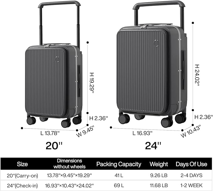 mixi Luggage Suitcases with Spinner Wheels 24'' Travel Luggage with Front Laptop Pocket, Wide Handle PC Hardshell Suitcase with TSA Lock, Checked Luggage(Rock Grey)