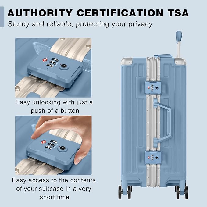 AnyZip Luggage PC+ABS Aluminum Frame Zipperless Checked Luggage Hard Shell Suitcase with TSA Lock Double Spinner Wheels 24 Inch Haze Blue