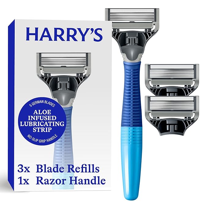 Harry's Shaving Kit for Men - Razor Handle and 3 Razor Blade Refill Cartridges - Ocean Blue