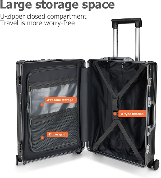 feilario 20in Aluminium Frame PC Hard Shell Spinner Wheels Luggage, Built-In TSA lock Carry on Suitcase, with Cup Holder, USB Port, Phone Holder