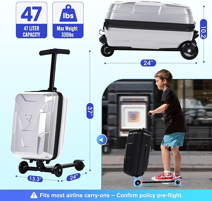 Scooter Suitcase for Kids & Adults, Foldable Carry On Travel Luggage, Hardside Ride on Scooter Suitcase with LED Light up Wheels，Silver