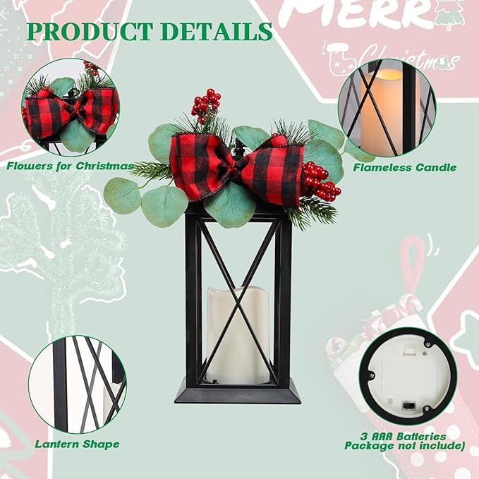 Christmas Outdoor Decor Lanterns 2 Pack, 11" Waterproof Battery Powered LED Hanging Lanterns with Flamessless Candle for Tabletop, Front Porch, Entrance, Indoor, Gift for Women
