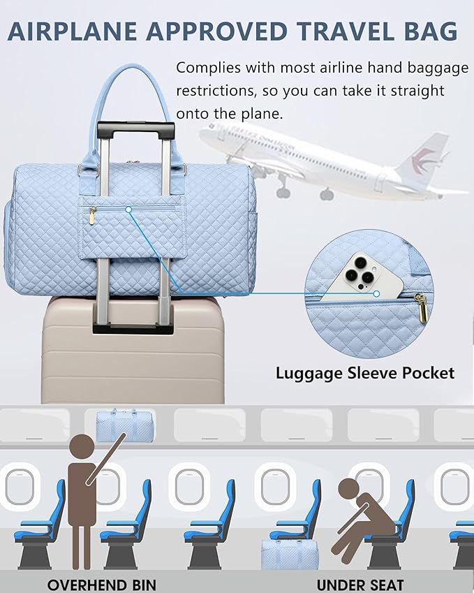 Women Duffle Weekender Travel Bag: Large Duffel Bags with Shoe Compartment Carry On Overnight Tote with Wet Pocket Traveling Weekend Gym Yoga Hospital Bag for Womens Light Blue