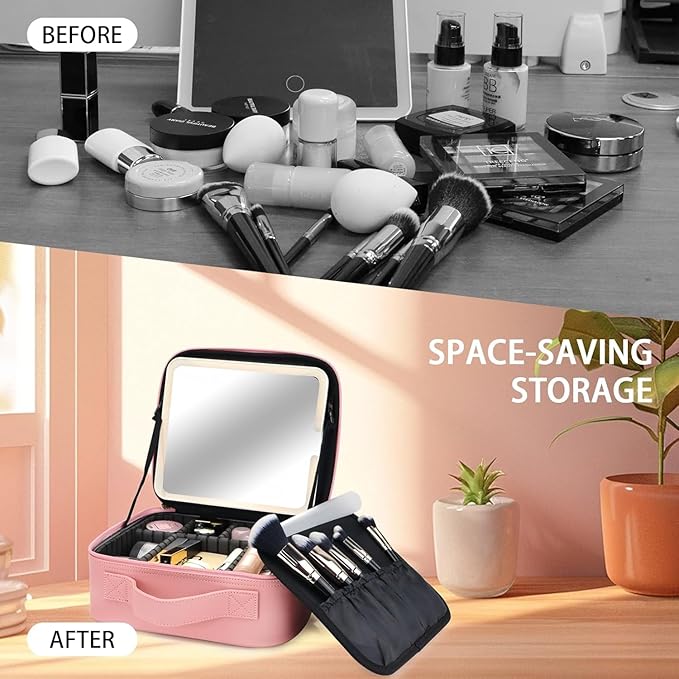 Makeup Bag with Led Mirror,Travel Makeup Organizer with 3 Color Setting & Jewelry storage box, Portable Storage and Adjustable Dividers Travel Makeup Bag(Pink)