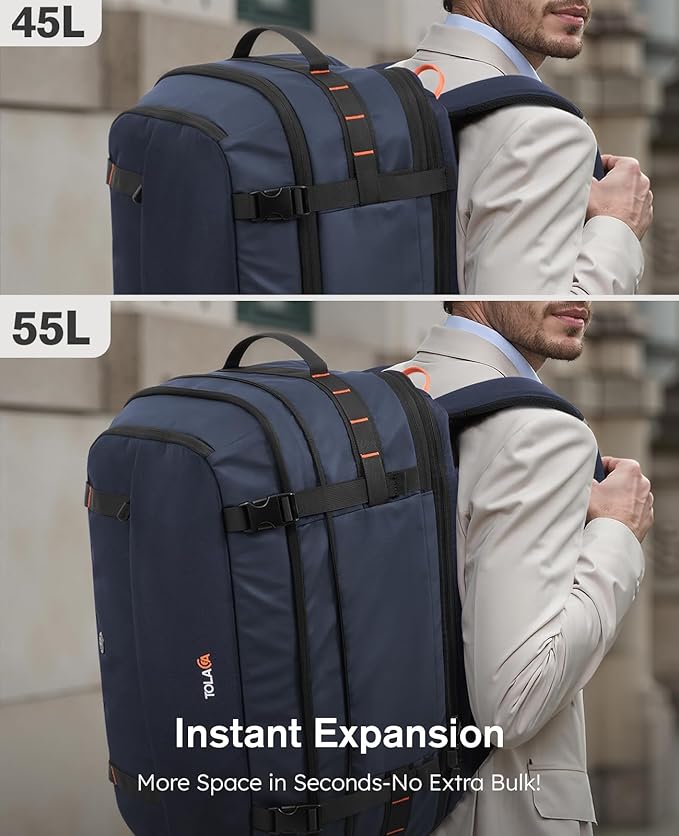 Tolaccea Travel Backpack with Garment Bag, Suit Carry On Backpack, TSA Flight Approved for Travel & Business Trips with Dual Laptop Storage for 17.3" and 12.9" & Extra Toiletry Bag, 45-55L Expandable
