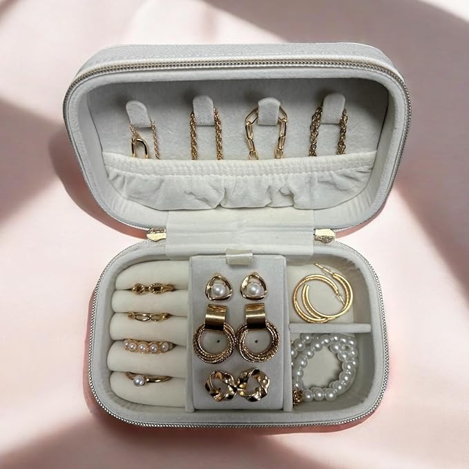 Small Jewelry Travel Case For Womens Small Rectangle PU Leather Jewelry Box With Zipper 2.56" H Portable Travel Jewelry Case For Big Earring Rings Necklaces Bracelets White Jewelry Gifts Box