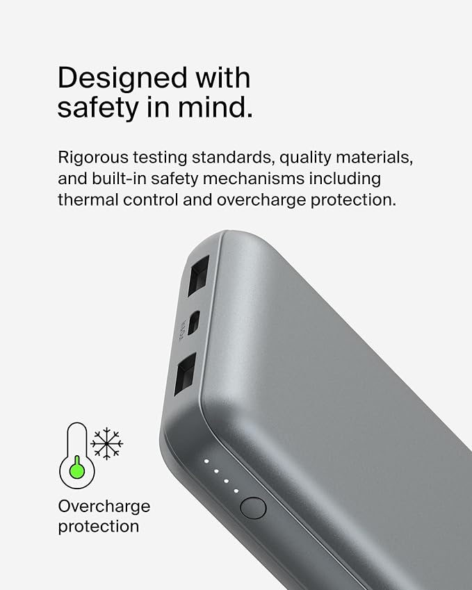 Belkin Portable Charger, USB C Power Bank 20000 mAh w/ 2 USB-A Ports, 15W w/A to C Cable for iPhone 16, 15, Samsung Galaxy S25, iPad, Nintendo Switch 2, Google Pixel 10, etc. - Gray