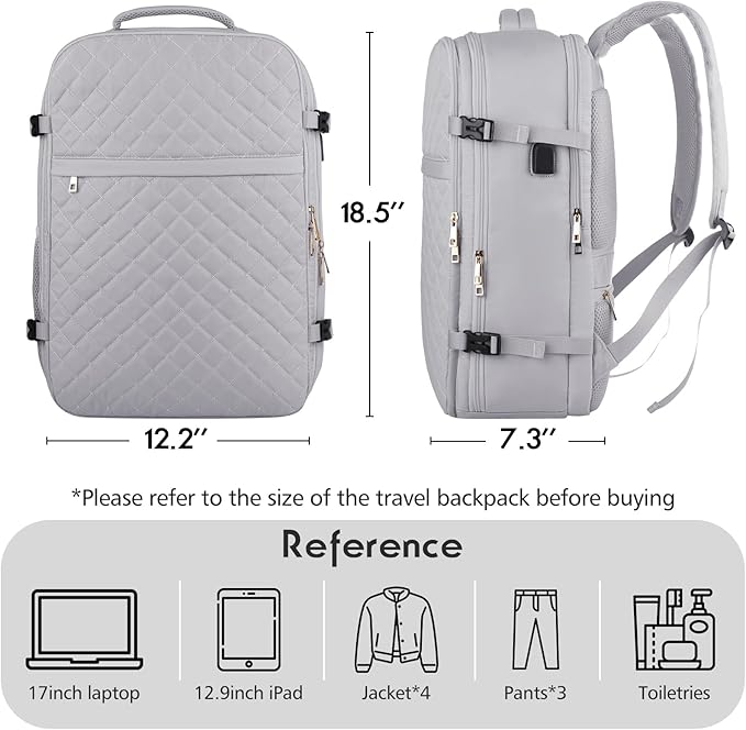MOMUVO Large Travel Backpack Women, Flight Approved Carry On Backpack, Water Resistant Anti-Theft Large Casual Daypack Fit 17 Inch Laptop with USB Charging Port, Grey