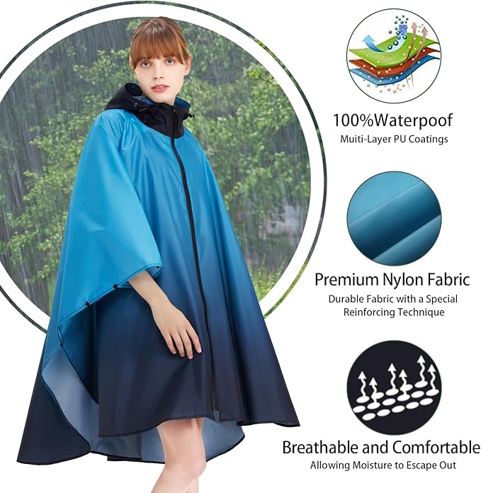 Rain Poncho Jacket Coat Hooded Zipper Style for Women/Men/Adult with Pocket