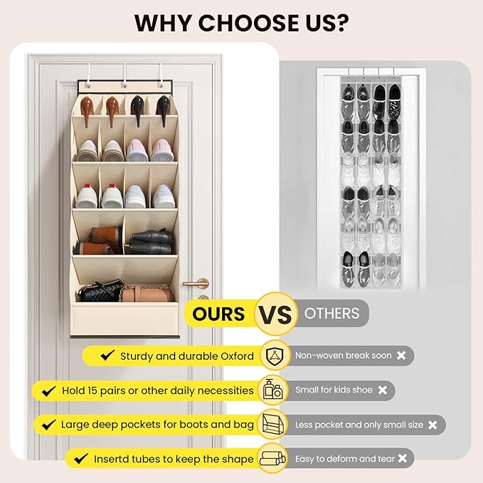 Over the Door Shoe Organizer for Closet, Shoes Rack for Closet with 15 Large Pockets, Hanging Shoe Organizers for Boot Storage, Behind the Door Narrow Shoe Holder for Small Shoes, Beige