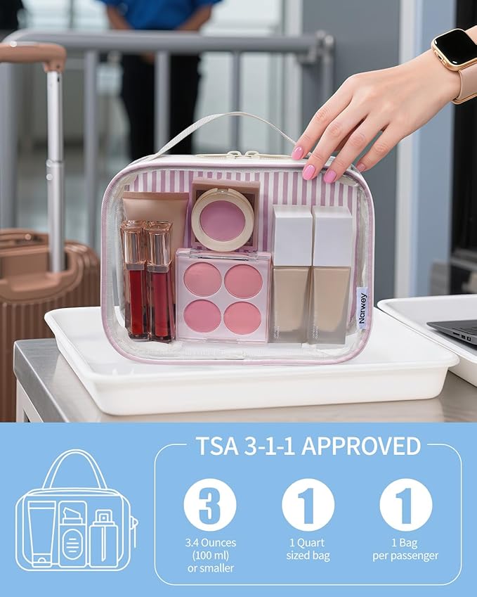 Narwey TSA Approved Clear Toiletry Bag for Travel, Waterproof PVC Clear Makeup Bags, Portable Compact Cosmetic Bag Make Up Organizer, Airport Airline Quart Size Compliant Bag (Dusty Pink Stripe)