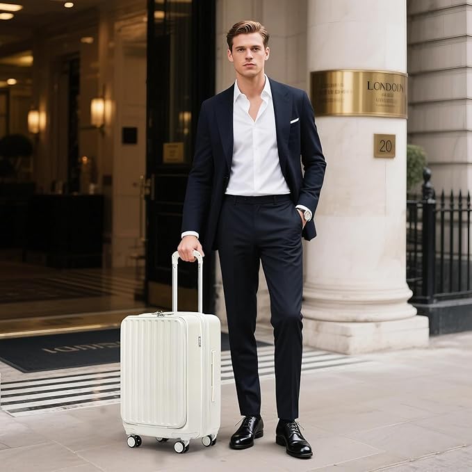 KYME 22-Inch Hardside Small Suitcase, 100% PC Hard Shell with Laptop Compartment, TSA Lock, Double Wheels for Men & Women, White