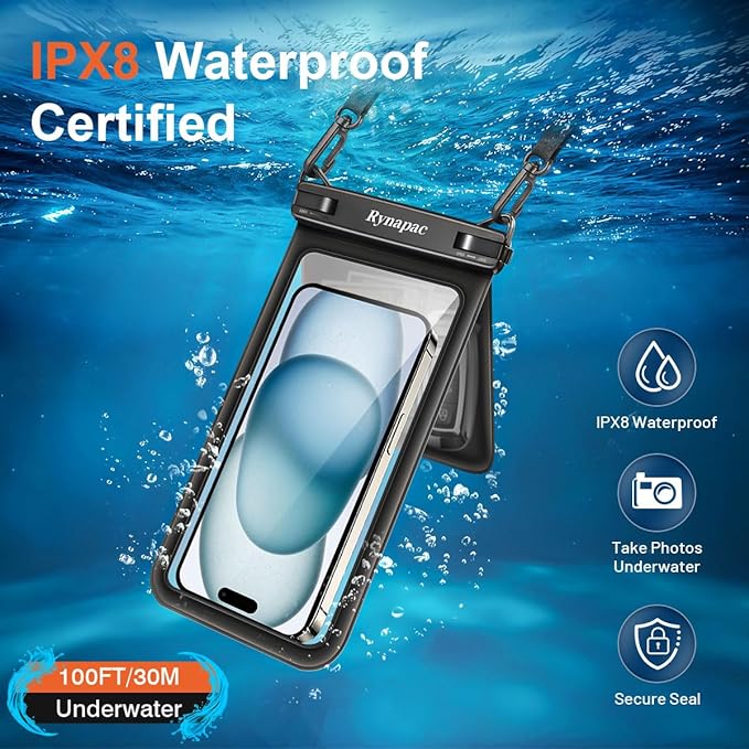Double Space Waterproof Phone Pouch, 2 Pack Waterproof Phone Case with Lanyard for iPhone 15 Pro Max Galaxy S23 Pixel 7a up to 8.5’’, Cellphone Dry Bag for Beach Vacation (Black+Black)