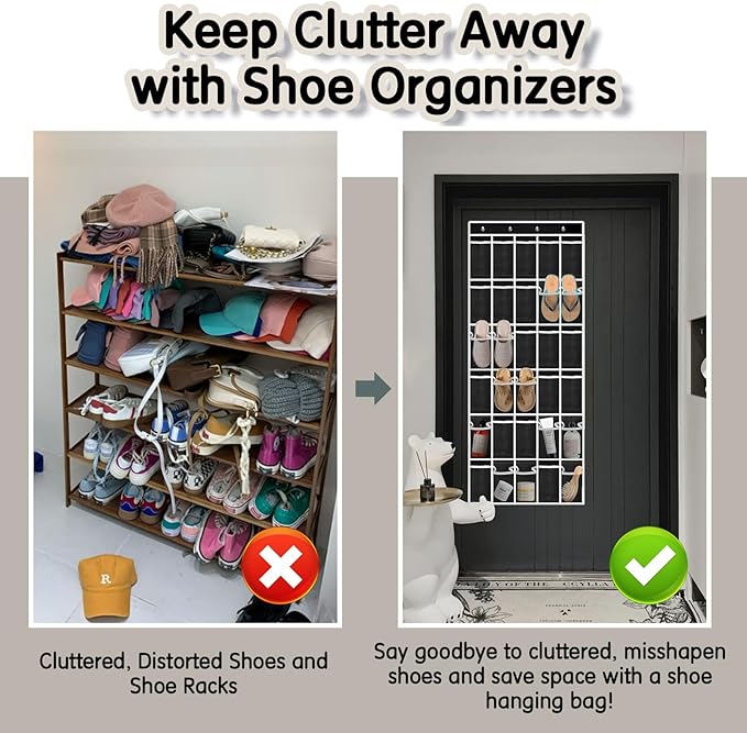 Over the Door Shoe Organizer with 30 Breathable Mesh Pockets - Large Capacity Closet Storage for Men & Women, Hanging Shoe Rack Organizer (Solid black)