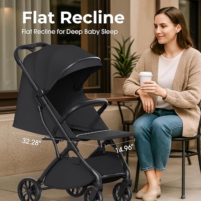 newyoo Lightweight Baby Travel Stroller, Compact Toddler Strollers w Telescoping Handle, Cup Holder & Storage Pocket, One-Hand Quick Fold, Near Flat Recline Seat, TR18, Black