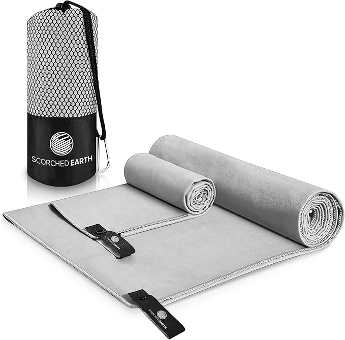 ScorchedEarth Microfiber Travel & Sports Towel Set - Quick Dry, Super Absorbent, Compact, Lightweight - for Camping, Backpacking, Hiking, Beach, Yoga, Swimming - Includes 2 Sizes + Carrying Bag & Clip