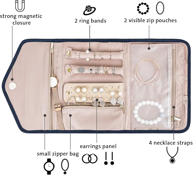BAGSMART Travel Jewelry Organizer Roll Foldable Jewelry Case for Journey-Rings, Necklaces, Bracelets, Earrings, Smokey Blue