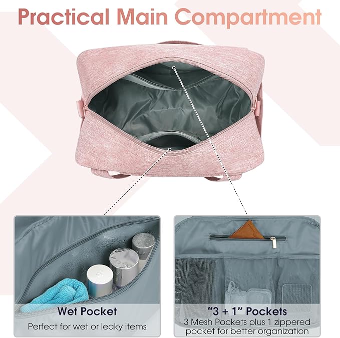 Narwey 18" Carry on Bag Underseat for Airplane with Wet Pocket Spirit Airlines Personal Item Bag Travel Duffel Bag Small Gym Bag Weekender Overnight for Women and Men (Pink)