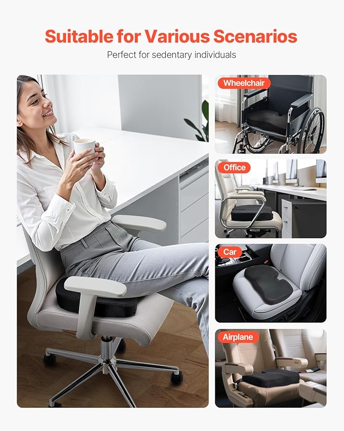 VEVOR Seat Cushion, Memory Foam Seat Chair Cushion for Pressure Relief, Soft & Breathable Wheelchair Seat Pad with Removable Cover for Travel, Office, Car, Airplane - Lightweight and Portable