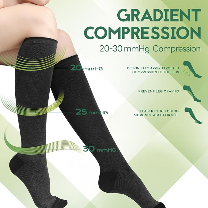 SONORAN Bamboo Viscose Compression Socks for Women & Men (6 Pairs) 20-30 mmHg Knee High Support for Nurses Travel Pregnant