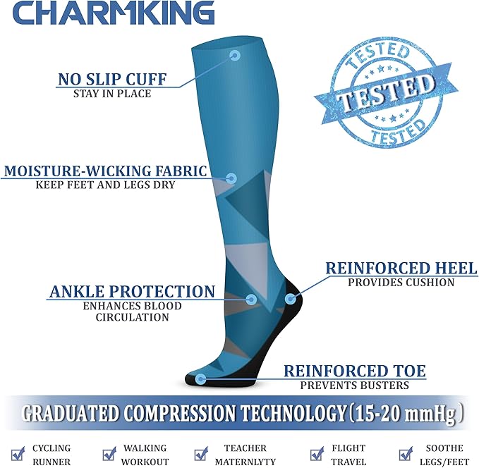 CHARMKING Compression Socks for Women & Men Circulation (3 Pairs) 15-20 mmHg is Best Support for Athletic Running Cycling