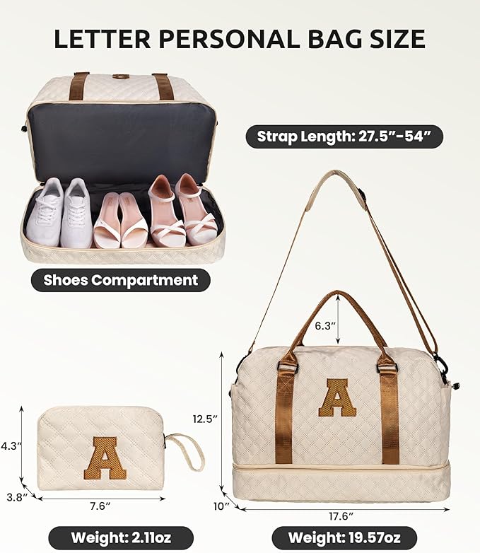 Gifts for Mom-Initial Duffle Bag with Shoe Compartment, Personalized Weekender Bag, Monogram Overnight Bag, Letter Travel Bag with Makeup Bag，Personalized Gifts Idea for Women Her (Letter F)