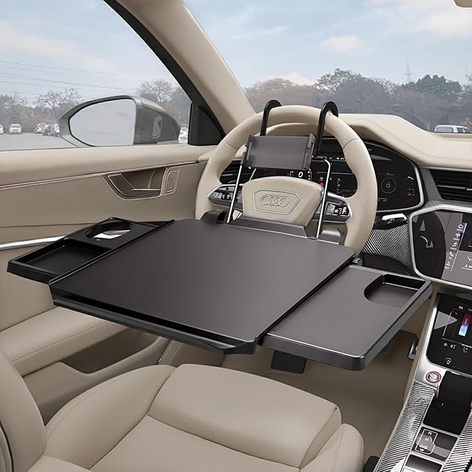 2-in-1 Car Steering Wheel Tray & Back Seat Table with Phone Holder – Height Adjustable Steering Wheel laptop desk, Food Tray , Writing Desk & Car Eating Tray - Car desk tray is Gift for Truck Driver