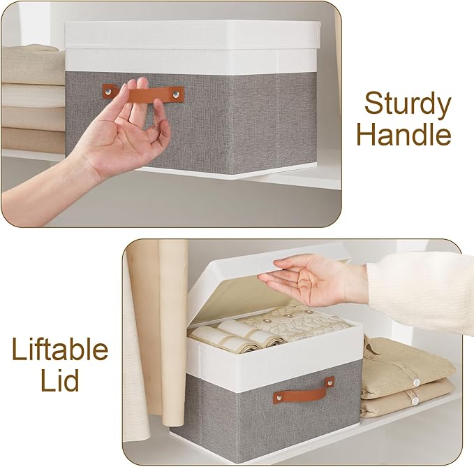 Fabric Storage Boxes with Lids, Linen Foldable Cloth Baskets, 17.7 x 11.8 x 11.8 Inch Closet Organizer Containers with Double Handles, Sweater Bins for Bedroom, White and Grey, 1 Pack