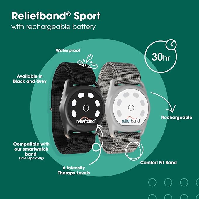 Reliefband Sport Anti-Nausea Wristband | Waterproof, FDA Cleared, Nausea & Vomiting Relief for Motion Sickness (Car, Air, Sea) & Morning Sickness, Drug & Side Effect Free (Black, 1 Extra Gel Tube)