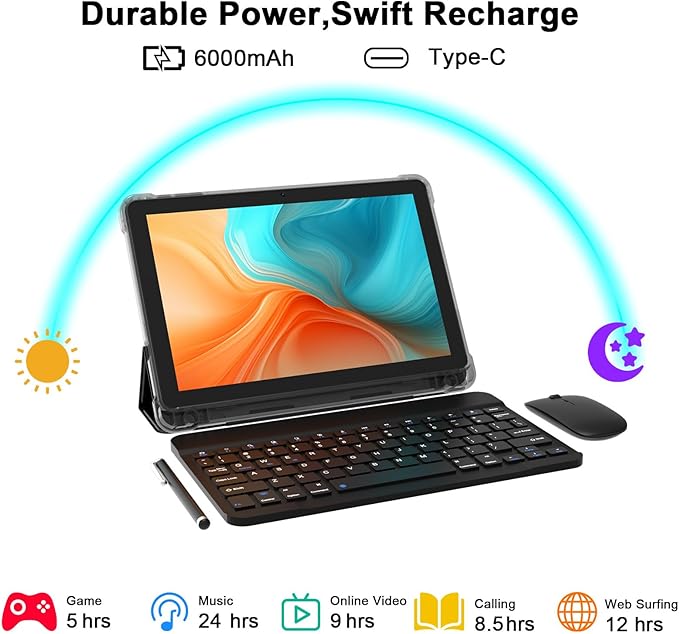 Android 15 Tablet 10 Inch, 20GB RAM+128GB ROM/2TB Expandable, 2 in 1 Tablets with Keyboard Case Mouse Stylus, 2.0GHz Quad-core Processor, 1280*800 IPS HD Screen, 5G WiFi 6 BT 5.0, 8MP Camera Tablet PC