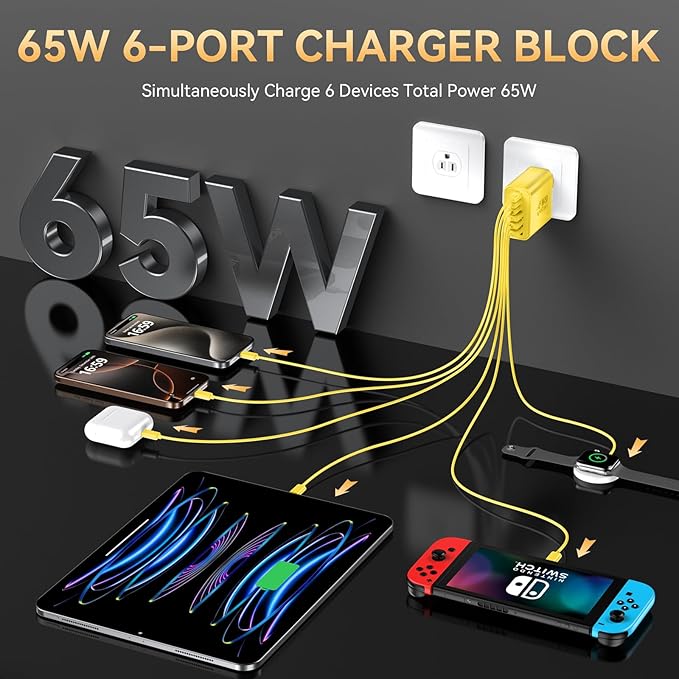 USB C Fast Charger Block, iPhone Charger Fast Charging Blocks 65W Multi Port Charger 6-Ports PD & QC Charging Cube Brick Power Adapter Type C Wall Chargers for iPhone 17/16/15/14/13/12 Pro Max, iPad