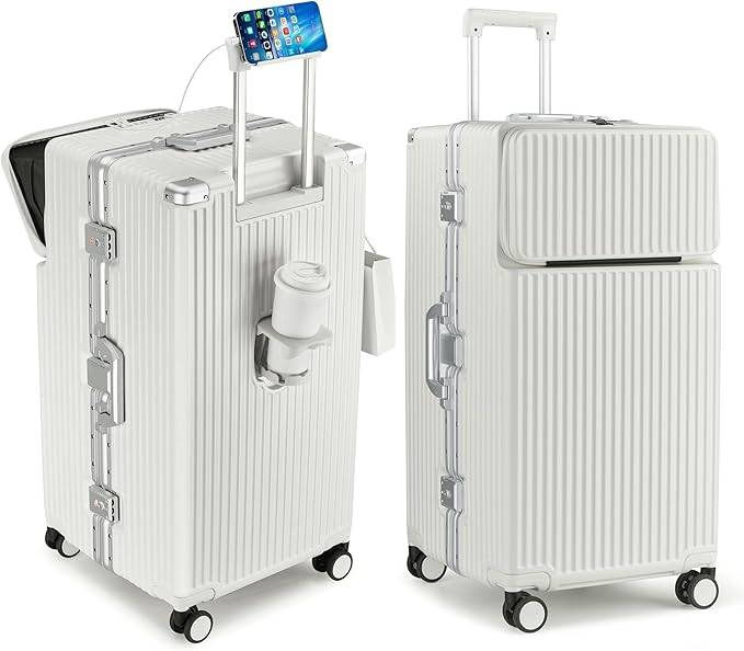 feilario 30in Super Large Captain Aluminum Frame Hardside Spinner Wheels Luggage, Zipperless Checked Suitcase with Front Compartment/Cup Holder/Phone Holder