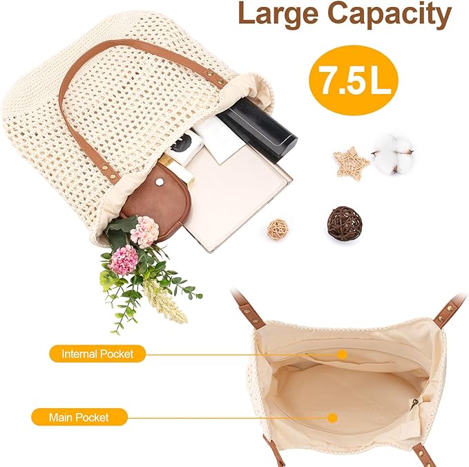 Peicees Crochet Beach Bag For Women Summer Tote Bag Boho Shoulder Bag With Leak-Proof Lining for Vacation Travel Woven Purse