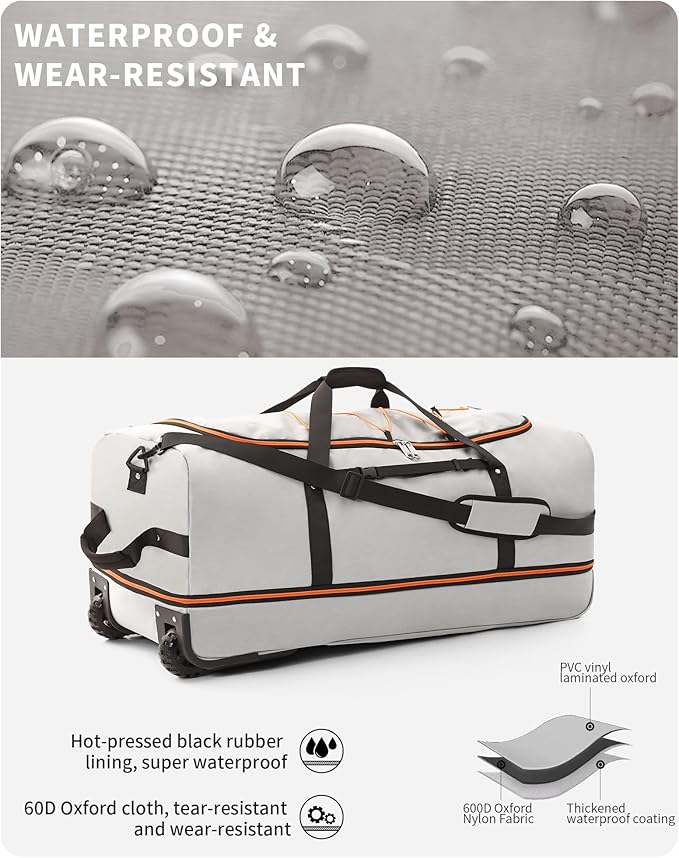 CONTAIL 32”110L Expandable 140L Rolling Duffle Bag with 2 Inline Wheels,Convertible Weekend Travel Bag with Bungee-Cord System,Grey