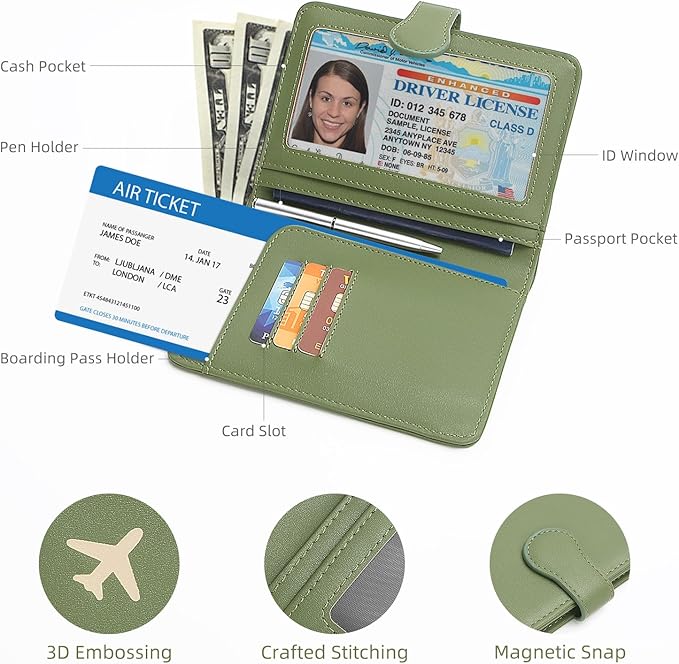 ZOPPEN Passport Holder for Travel, Passport Wallet Case, Rfid Travel Wallet Womens, Card Holder Wallet Travel Document Holder, Green