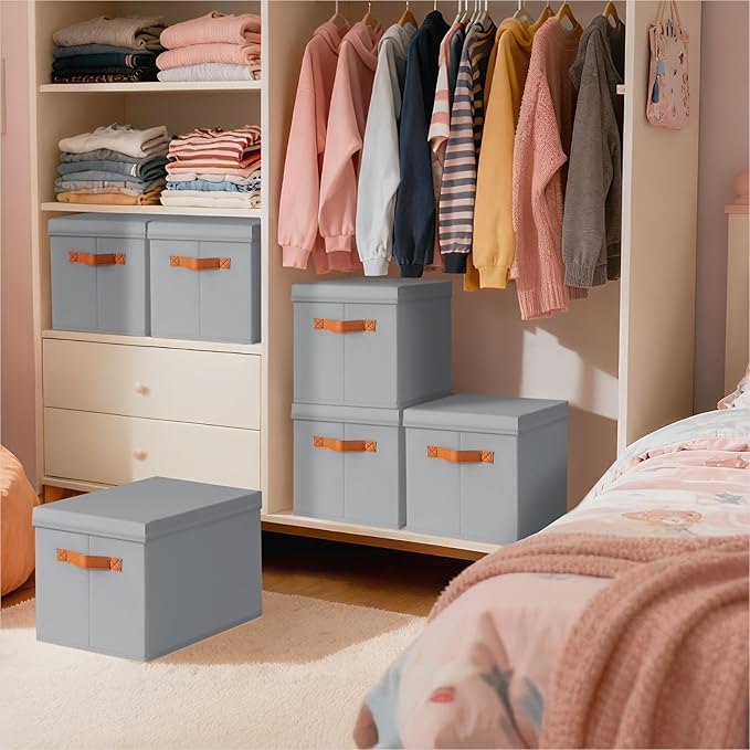 Storage Bins with Lids - Large Fabric Closet Bins with Lid, 5 Pack Clothes Organizers and Storage, Collapsible Stackable Cube Basket for Home, Office, Dorm, Grey