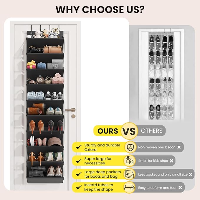 Over the Door Shoe Organizer for Closet, Shoes Rack with 10 Tier PVC Window Deep Pockets, Hanging Shoe Organizers for Boot Storage, Behind the Door Narrow Shoe Holder for Small Shoes, Black
