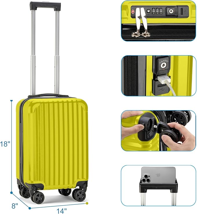 Personal Item Suitcase 18x14x8 Inches Hardside Built In TSA Lock & USB Port Lightweight Luggage With Removable Silent Wheels Underseat Carry-On Bag For Spirit and Frontier and More (Yellow)