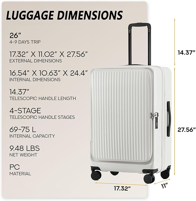 26 Inch Top Opening Checked Travel Luggage Expandable with Spinner Wheels,All PC Hard Shell Hardside Lightweight Medium Suitcase with TSA Approved Cup Holder for Business Trips Woman Men,White