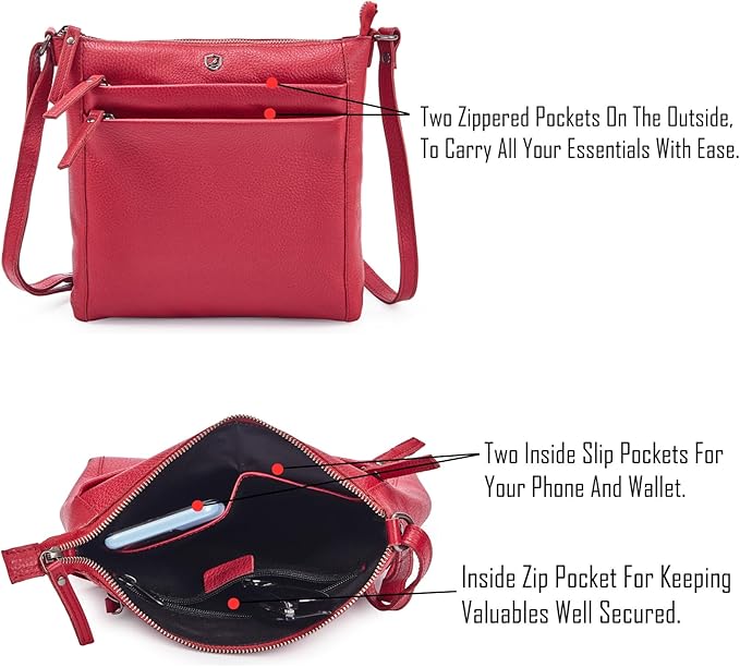 Small Soft Genuine Leather Crossbody Purse Women’s Sling Crossover Shoulder Travel Handbag with Triple Zipper