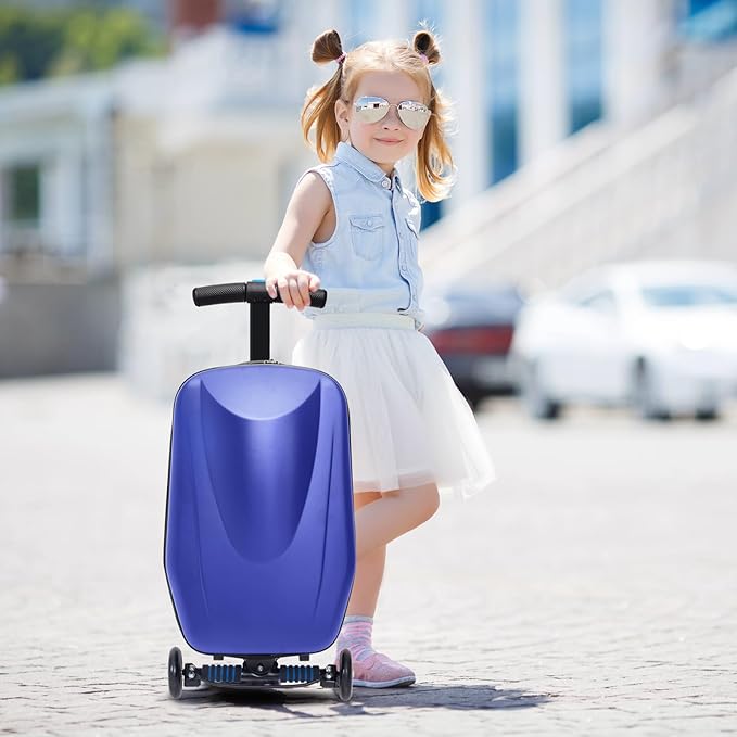 20" Scooter Suitcase for Kids, 2-in-1 Ride On Luggage with Wheels for Boys & Girls Ages 4-15, Foldable Hardshell Carry On Lightweight Travel Suitcase for Airplane (With LED, Dark Blue)