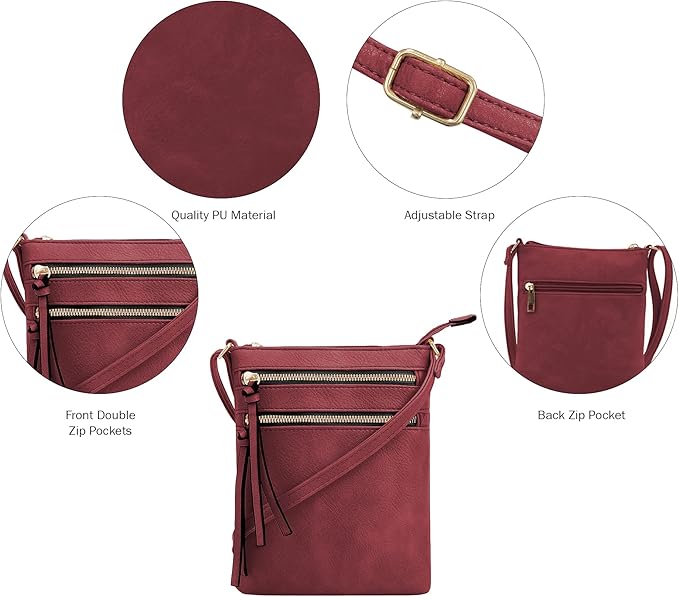 DELUXITY | Crossbody Purse Bag | Functional Multi Pocket Double Zipper Purse | Adjustable Strap | Small Size Purse |Wine