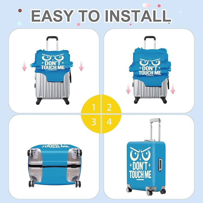 ANNA QUEEN Funny “Don’t Touch Me” Luggage Cover, Bold Blue Suitcase Protector with Angry Eyes Design, Stretchable, Washable Travel Cover for 20-22 Inch Luggage