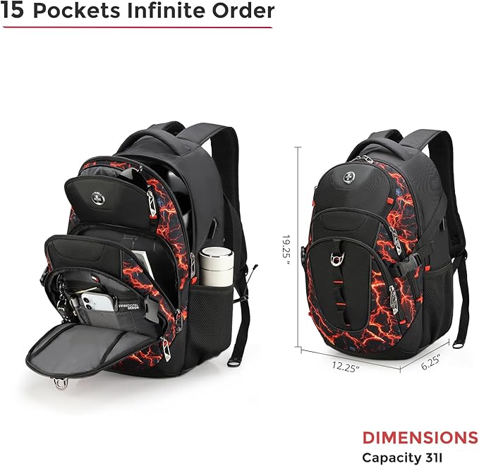 Swissdigital Laptop Backpack with USB Charging Port, Travel Backpack Fits 15.6 inches Computer, 31L Backpack for Men, Flame Red | SD803