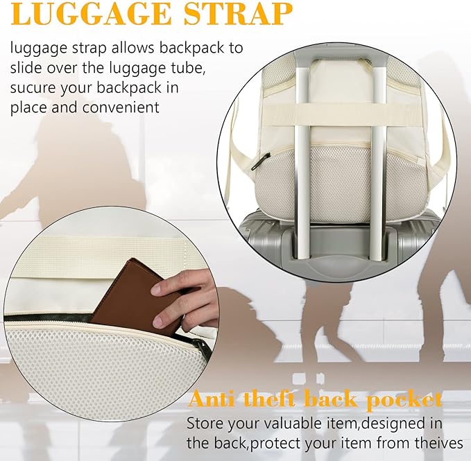 MATEIN Beige Laptop Backpack 15.6 Inch, Lightweight Sturdy Bag for College Supplies with USB Charging Port, Water Resistant Anti Theft Travel Computer Daypack Fashion Work Nurse Bag Gift for Women