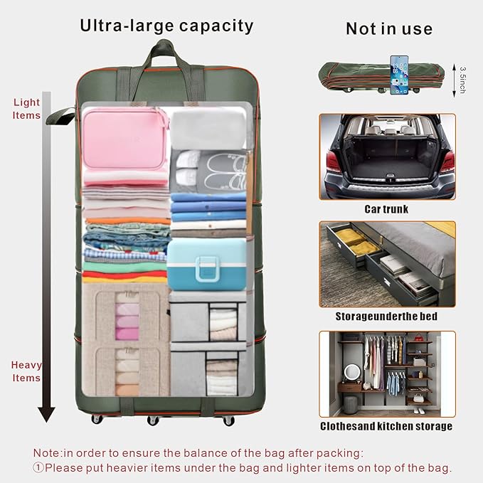Expandable Large Capacity Travel Bag Oxford Cloth Duffel Bag with Wheels Lightweight Waterproof Travel Foldable Suitcase(ArmyGreen)